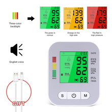 Load image into Gallery viewer, OLIECO USB Rechargeable Blood Pressure Monitor English Voice Automatic Electric PR Tonometer Digital LCD Screen Sphygmomanometer