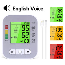Load image into Gallery viewer, OLIECO USB Rechargeable Blood Pressure Monitor English Voice Automatic Electric PR Tonometer Digital LCD Screen Sphygmomanometer