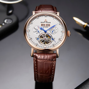 Reef Tiger Luxury Tourbillon Watches for Men Functional Watch Brown Leather Strap Automatic Wrist Watch RGA1903