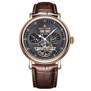 Reef Tiger Luxury Tourbillon Watches for Men Functional Watch Brown Leather Strap Automatic Wrist Watch RGA1903