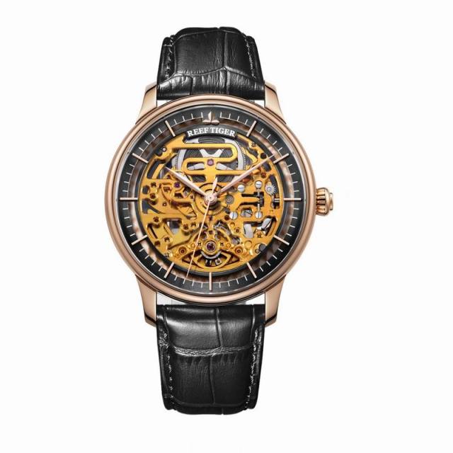 Reef Tiger/RT Skeleton Unique Watch Designs Automatic Watch Leather Strap Rose Gold Ultra Thin Watches For Men RGA1975