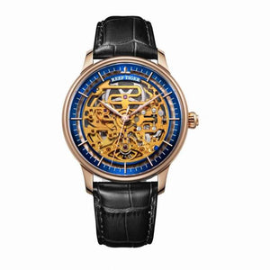 Reef Tiger/RT Skeleton Unique Watch Designs Automatic Watch Leather Strap Rose Gold Ultra Thin Watches For Men RGA1975