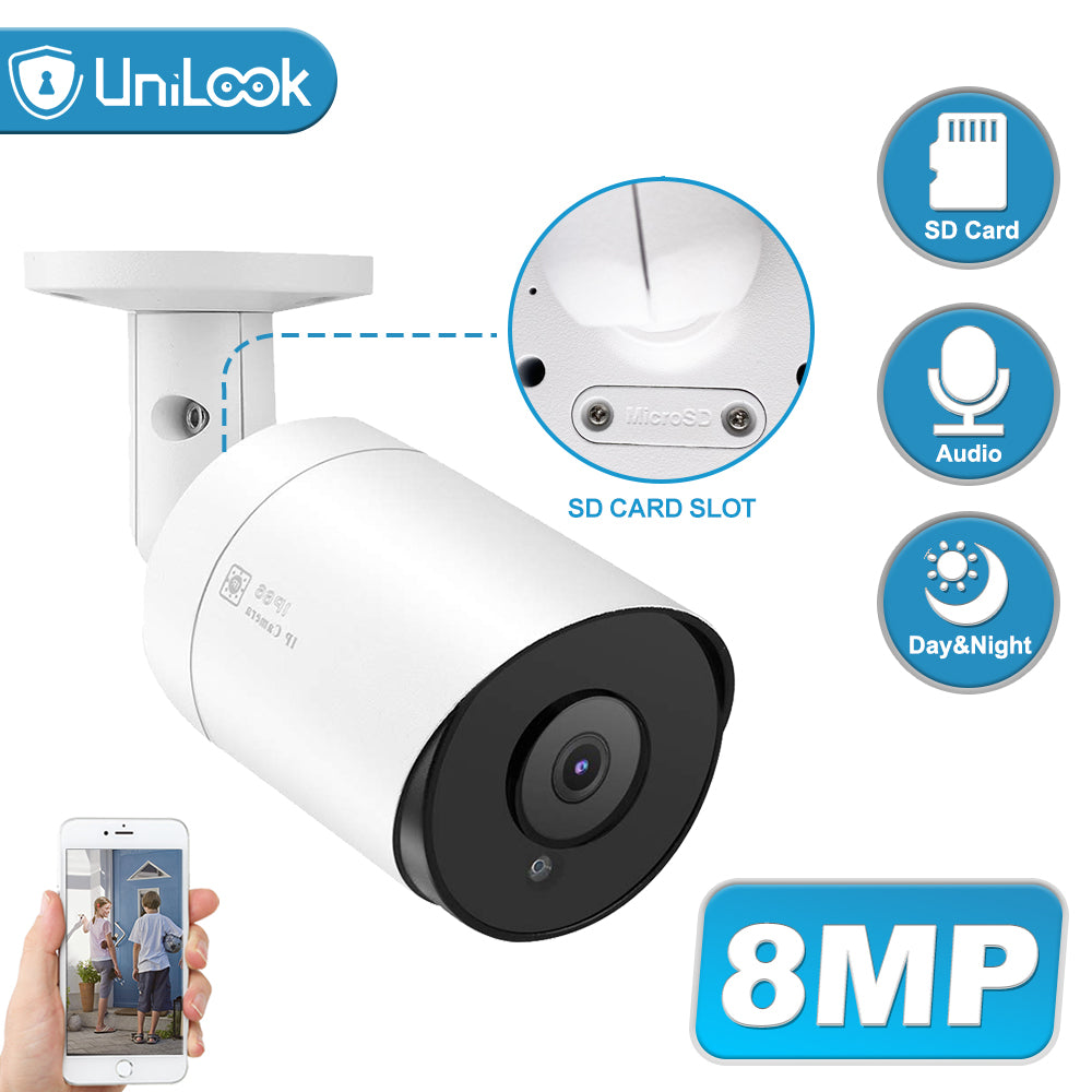 Unilook 8MP 4K IP Camera POE Outdoor Waterproof Audio CCTV Bullet Camera SD Card Slot Motion Detection ONVIF For PoE NVR 48V