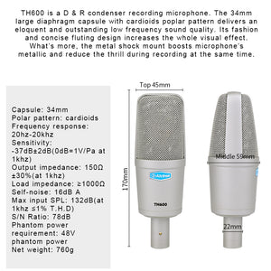 Alctron TH600 large diaphragm professional studio recording condenser mic for vocal recording,stage performance,live broadcast