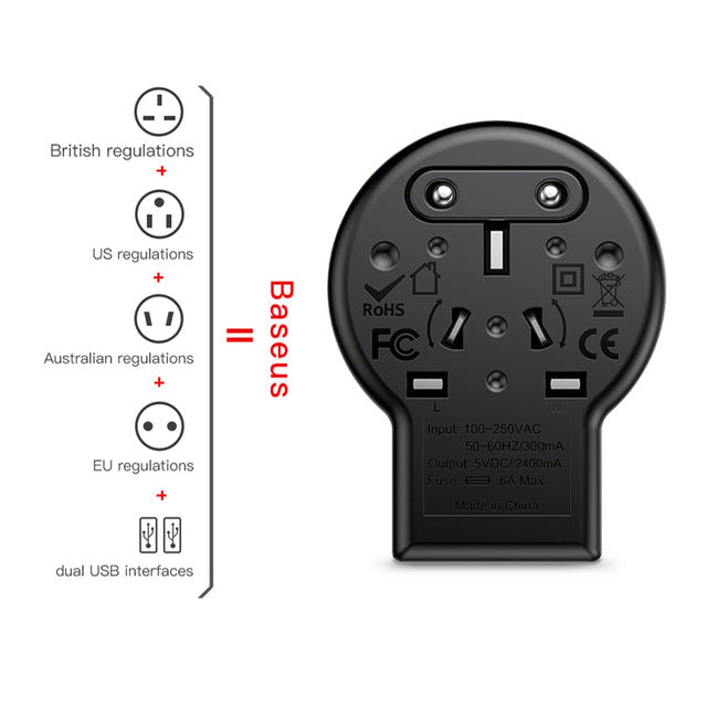 Baseus Universal Travel Adapter USB Charger Dual USB 2.4A Wall Charger Plug Power Adapter Converter for EU US UK AU
