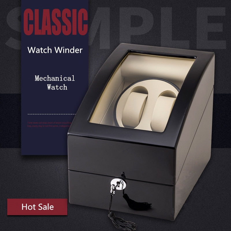 2 Slots Mechanical Watch Winder Black Wood Mens Storage Watch Winders With Lock Classic New Design Simple Watch Gift Box W104